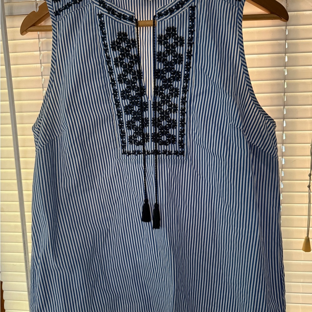 J. Crew Blue and White Striped Blouse with Black Embroidery
